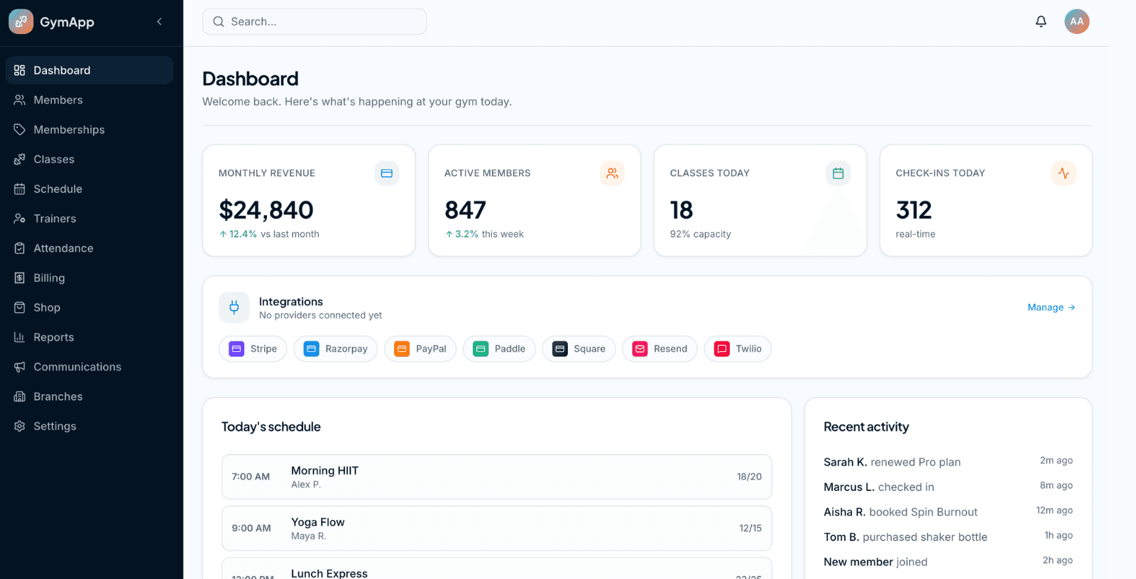 GymApp POS and billing interface