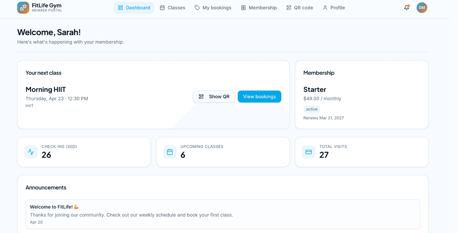GymApp QR code check-in and attendance