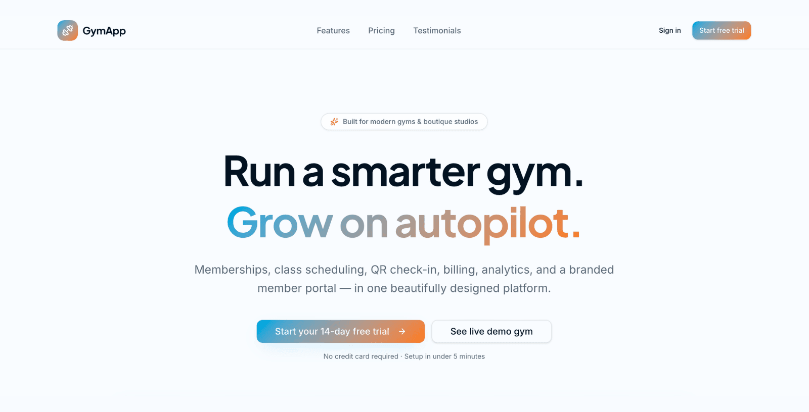 GymApp dashboard showing revenue, active members, recent bookings, and operations