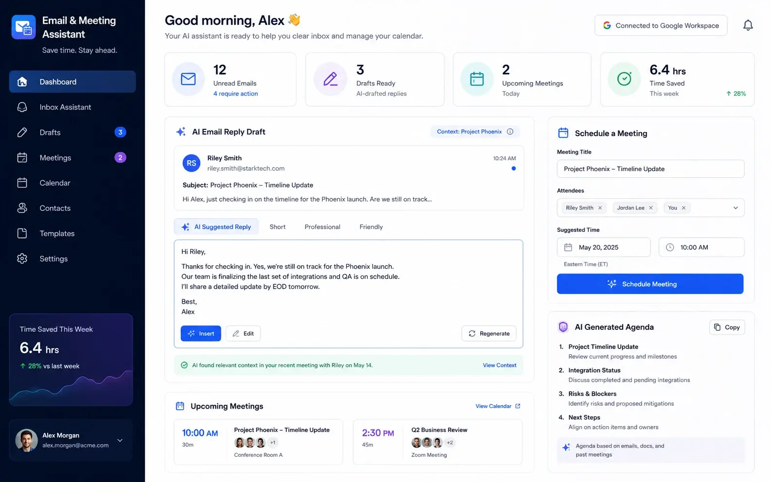 Email & Meeting Assistant dashboard preview